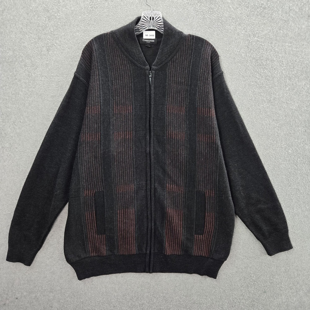 Commander Men Sweatshirt 56 Black Virgin Wool Blend Striped Red Full Zip